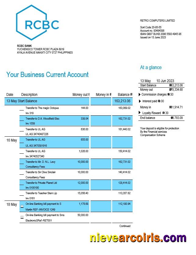 RCBC Bank organization account statement
